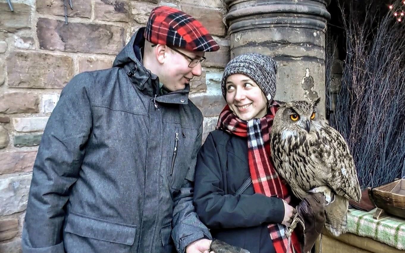 My wife and me in Edinburgh with an owl